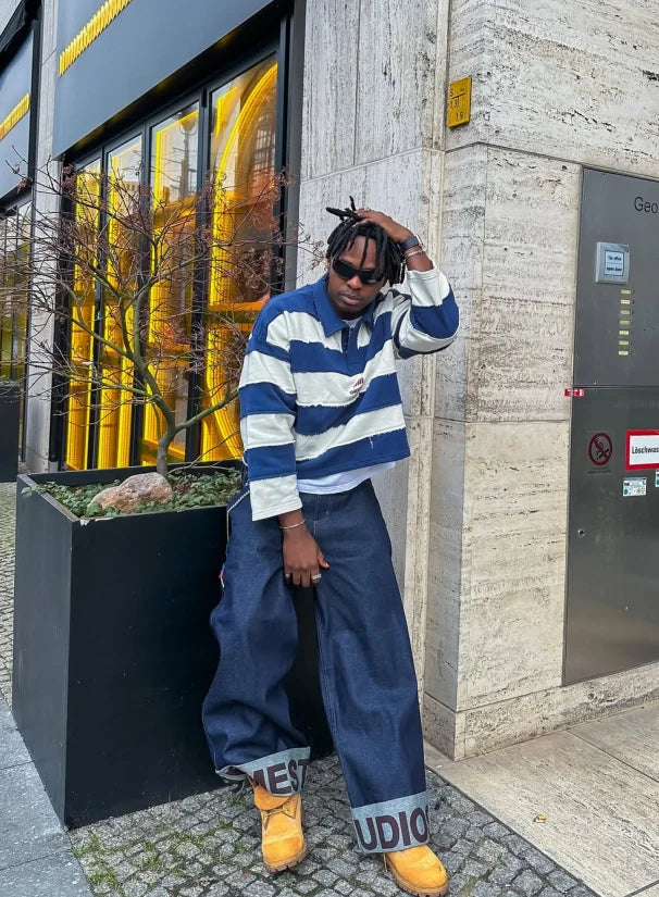 American blue and white striped campus style Polo shirt men's spring simple loose lapel casual long-sleeved T-shirt sweatshirt