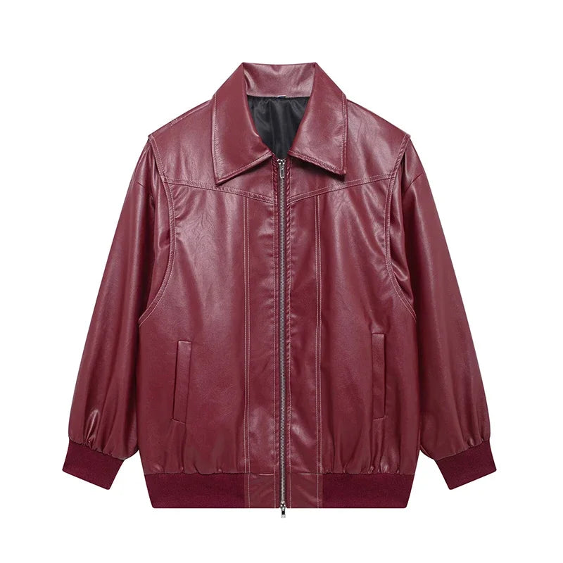 Women's Artificial Leather Short Jacket Retro Red Linen Coat Spliced Zipper Jacket Autumn Women's Lapel Pocket Street Sportswear