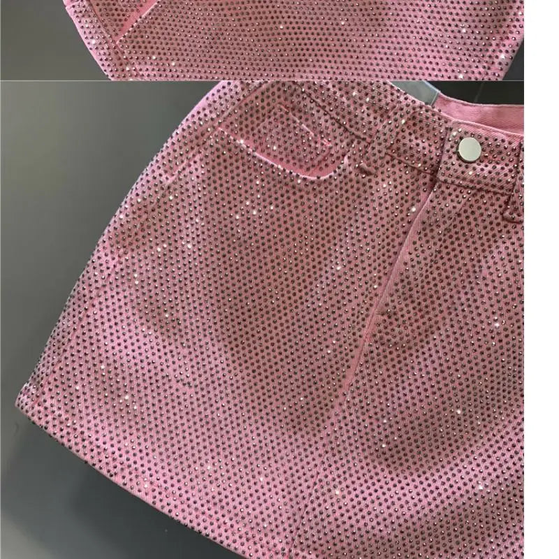 Heavy Industry Hot Drilling High-End Denim Skirt 2024 Spring And Summer New High Waist Pink Sexy A-Word Skirt