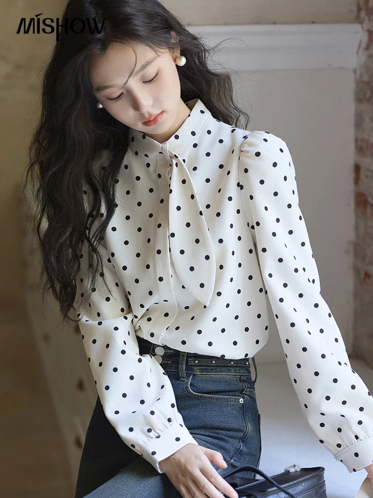 MISHOW Wave Point Long Sleeve Brushed Blouse Rabbit Ear Collar 2024 Winter Women Clothes Temperament Thickened Shirts MXD56X1697