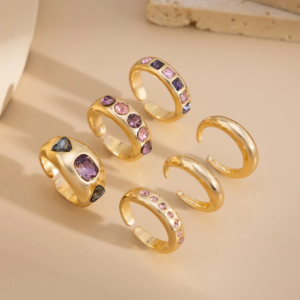 Salircon 6Pcs/set Inlaid Purple zircon Adjustable Opening Ring Set Women Smooth Gold Color Ring for Female Daily Jewelry Gift