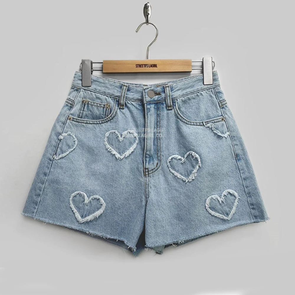 Korean Summer Y2K High Waist Jorts LOVE Heart Shaped Pattern Women's Denim Shorts Casual Jeans Chic Straight Washed Hot Pants