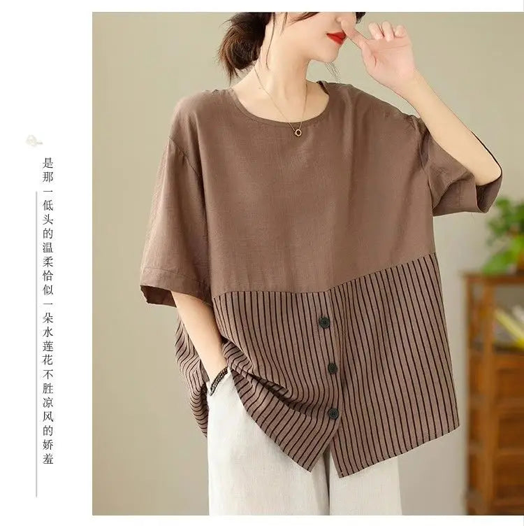 Summer New Plus Size Women's Fashion Striped Patchwork Tops Tees Youth Short Sleeve Loose Vintage T Shirts Casual Trend Clothing