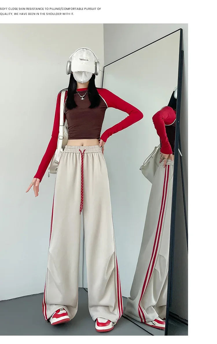 New 2025 American Stripe Sports Pants Women's Spring Autumn Wide Leg Loose Jazz Dance Casual Parachute Long Trousers