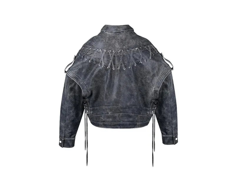 TARUXY Retro Braid Leather Jacket Coat For Women Lace Up Splice Motorcycle Style Short Jackets Long Sleeve Slim Streetwear Coat