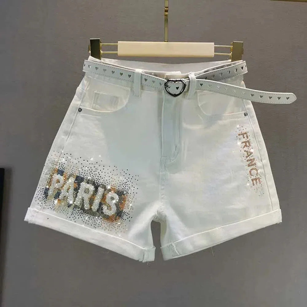 White Denim Shorts Women's 2023 Summer New European Station Loose High Waist Hot Pants Fashion Letter Diamond Jean Pants Ladies
