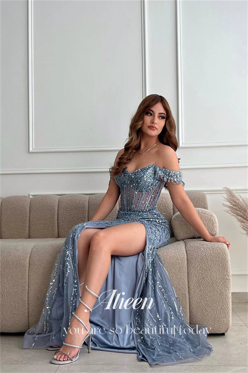 Off the Shoulders Mermaid Gray Blue Beads Dresses for Dancing Parties High Quality Luxury Dress customized Women Elegant Party