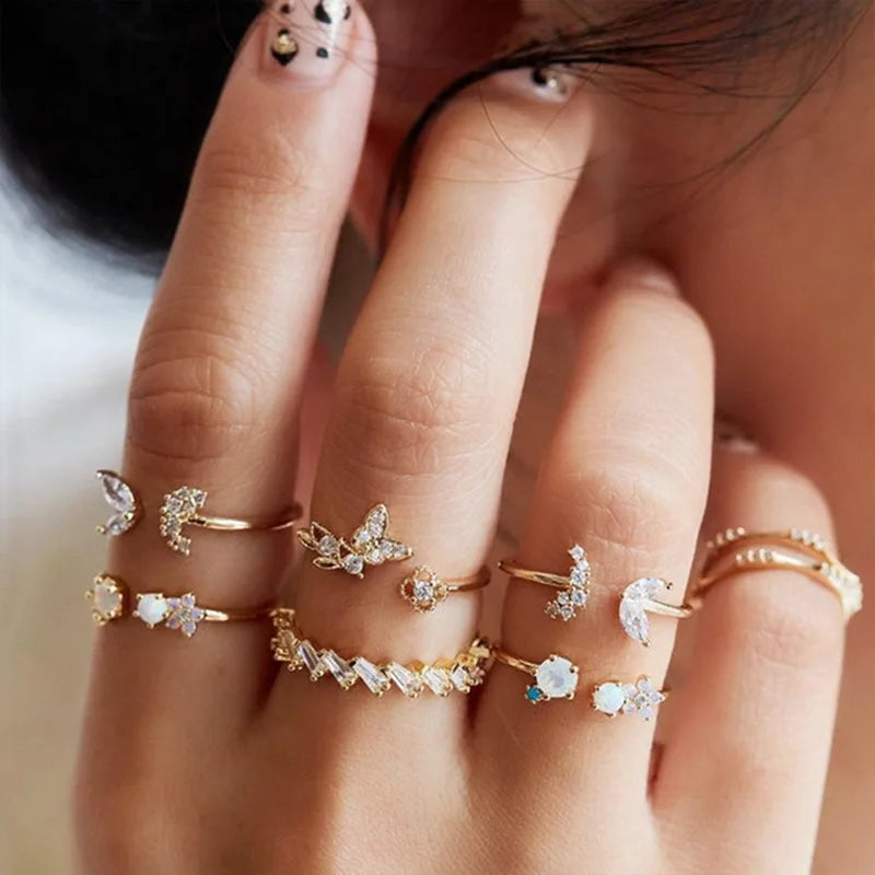 Vintage Shiny Zircon Butterfly Heart Ring Set Gold Color Boho Elegant Eyes Moon Geometric Rings Women Party Jewelry