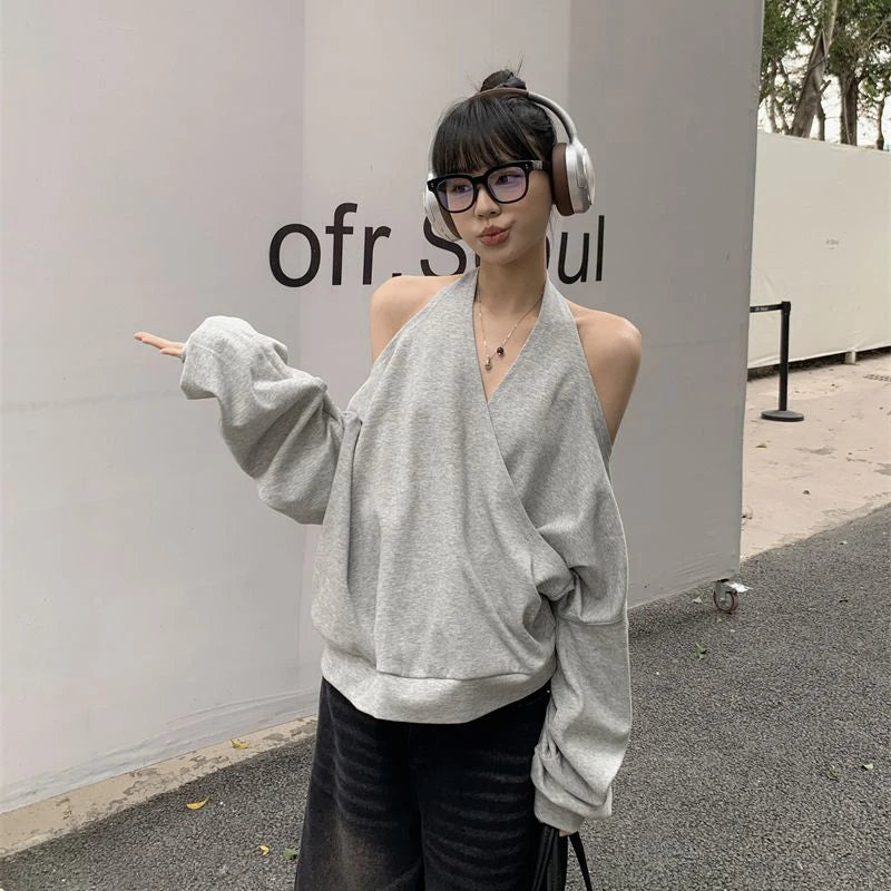 Zoki Sexy Halter Sweatshirt Women Streetwear Off Shoulder V Neck Pullovers Vintage Loose Backless Design Female Korean Tops New