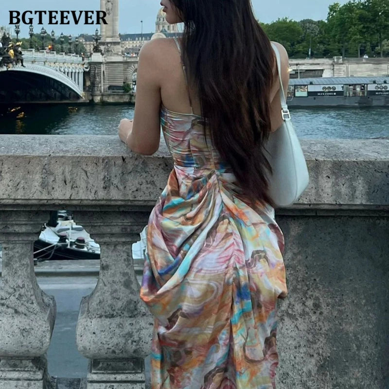 BGTEEVER Summer Fashion Slim Women Spaghetti Strap Midi Printed Dress Elegant Ladies Sleeveless Side Split Bodycon Dress