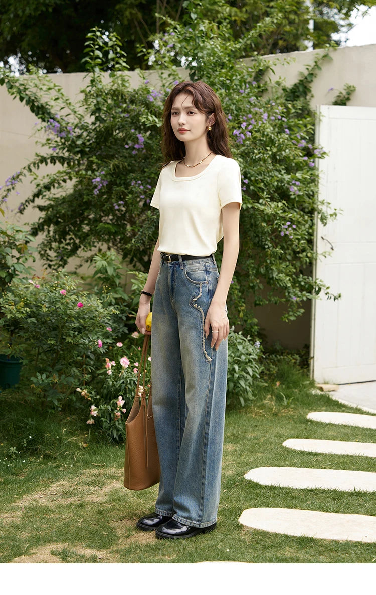 MISHOW Short Sleeve T-shirts Women Spring Solid Square-neck Top Elegant Woman Clothes Office Lady Cotton Tees MXC12T0641