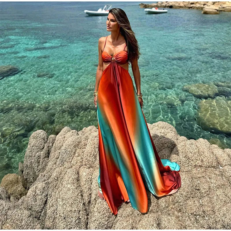 Summer New Colorful Print Beach Dress For Women Sexy Hollow Out High Waist Pleated Maxi Dresses 2025 Vocation Female Vestidos