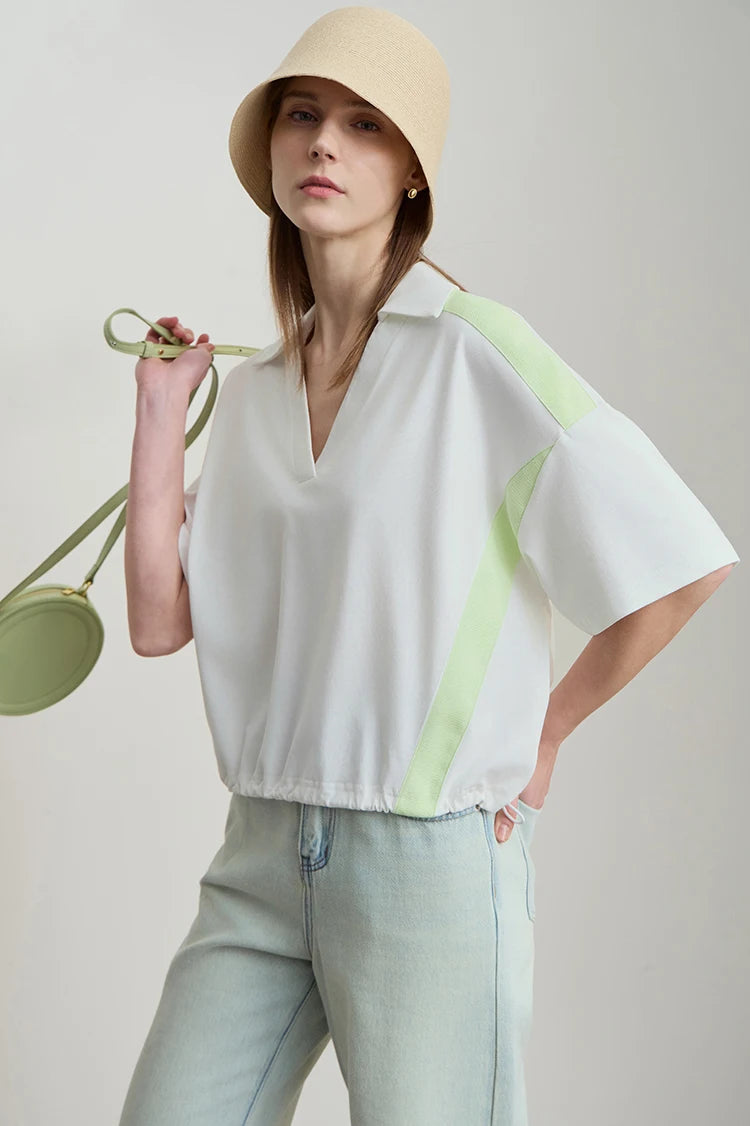 Amii Minimalist Cotton T-Shirts For Women 2025 Summer New V-Neck Pullover Loose Short Shoulder Sleeve Chic Commute Tops 12552001