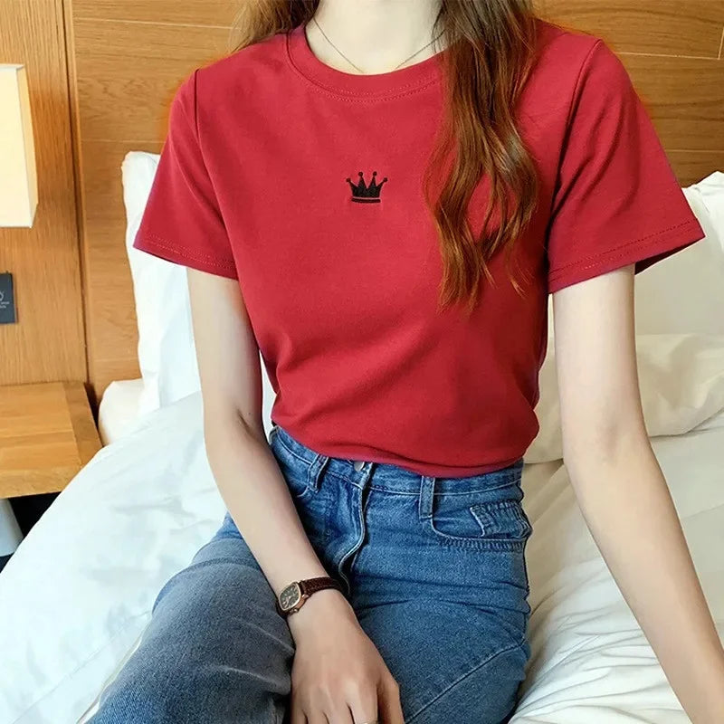 Fashionable Letter Embroidery Short Sleeve T-Shirt Women's Loose-Fit Summer New Style Slimming Base Layer Korean Version
