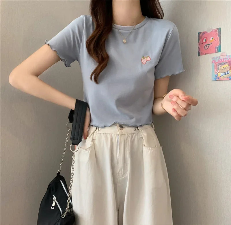 Summer Embroidered Short T-shirt Women Wooden Edge Irregular Slim Short Sleeve Top Plant Pattern Fiber Fabric Elegant Style