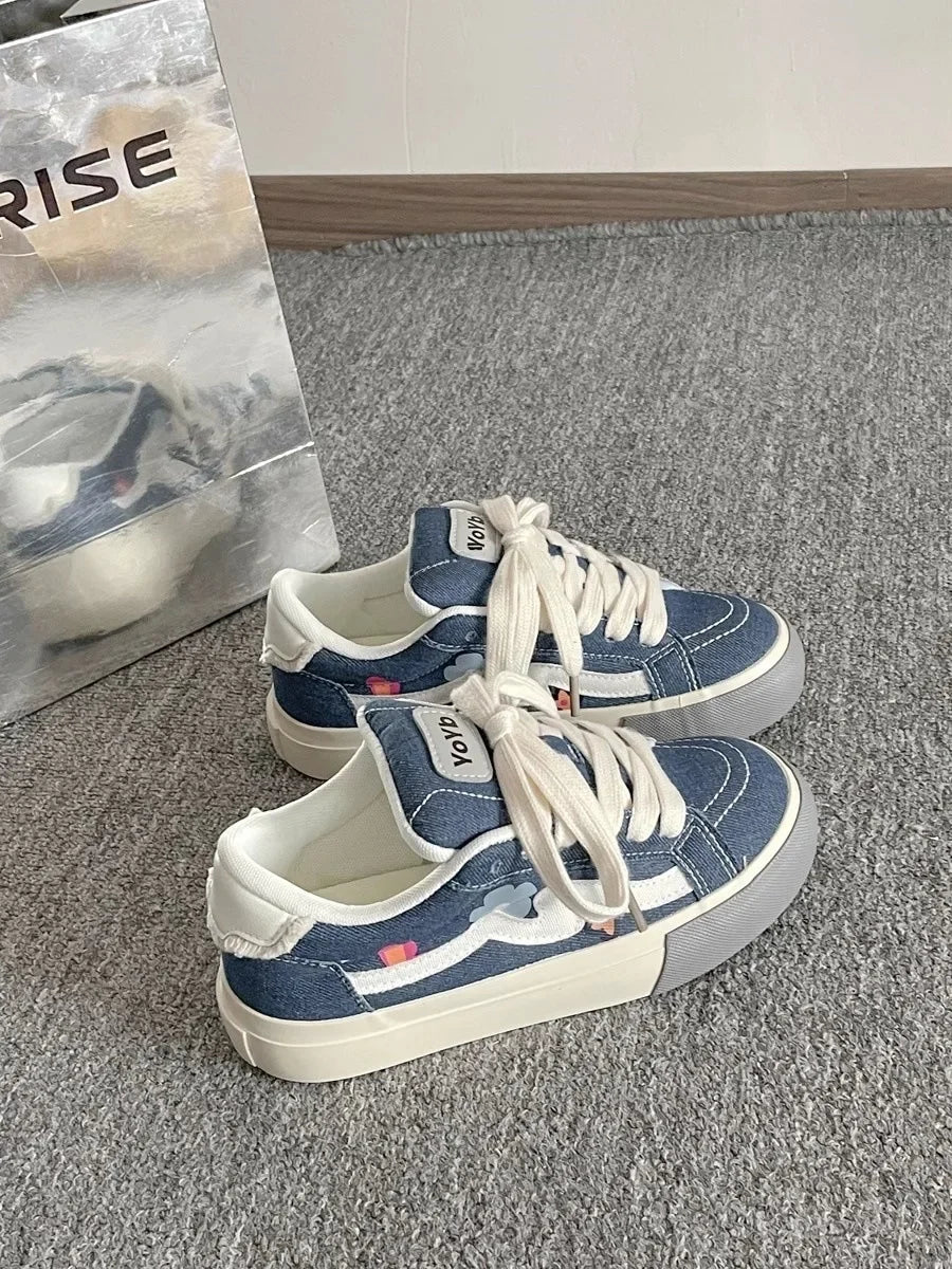 Korean Style Thick Bottom Canvas Shoes Women's Low Top Casual Student Sneakers Flat Heel Cotton Lined Adult Pure Color