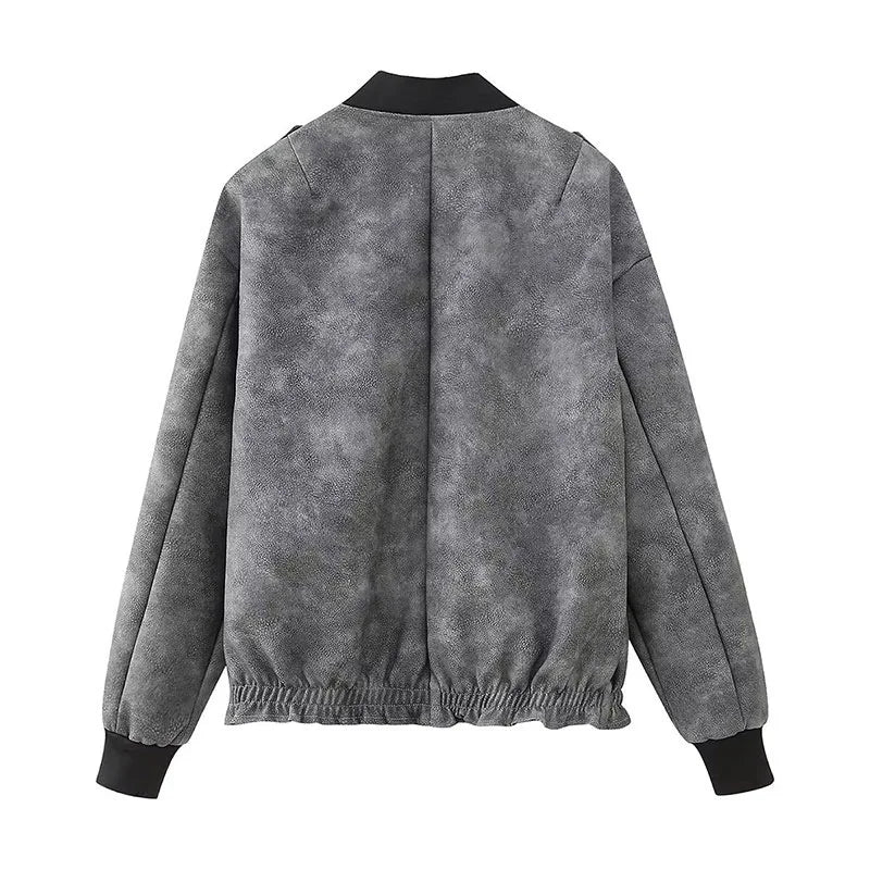 2025 Autumn Women's Leather Jacket, Personalized Street Style Women's Casual Round-neck Zipper Flight Commuting Jacket