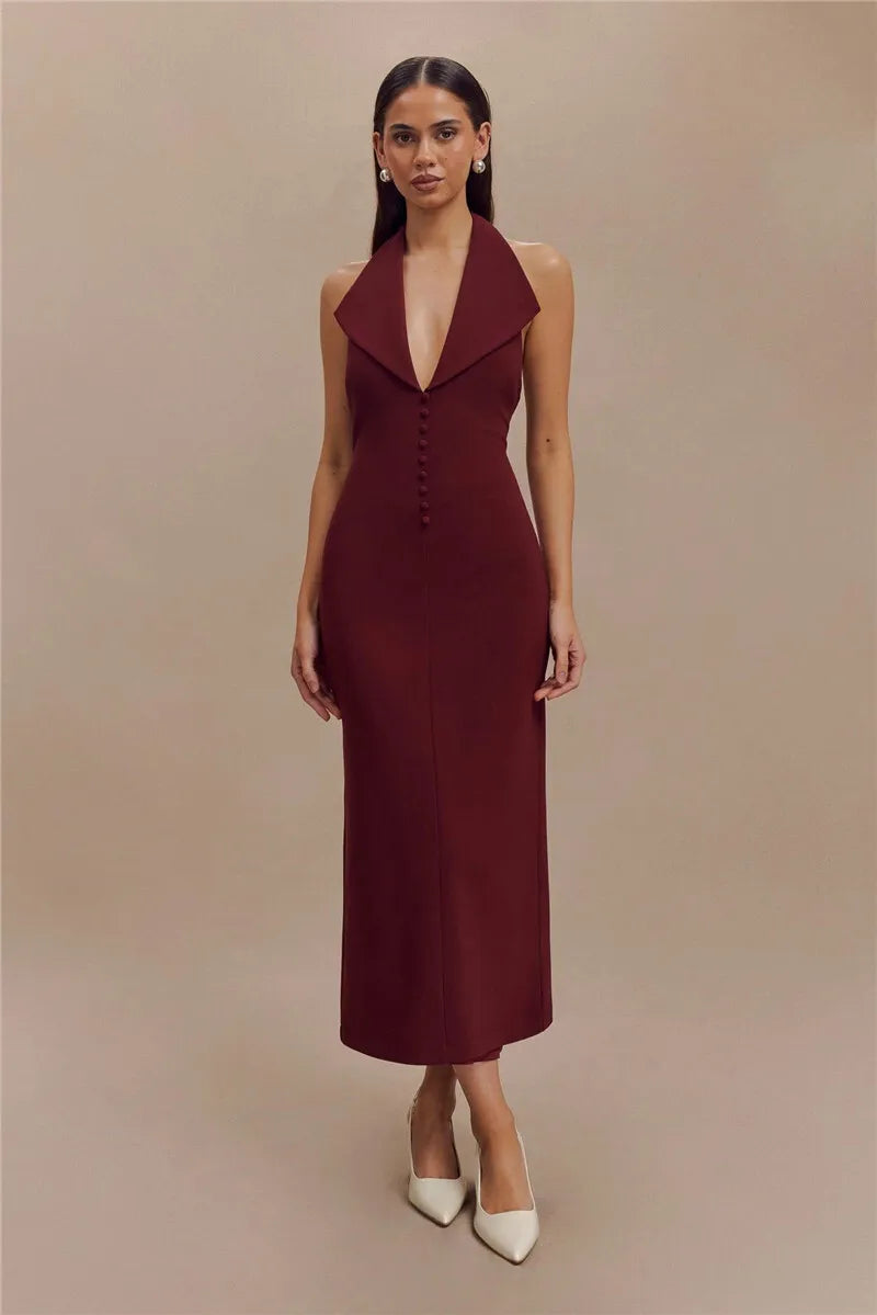 Mozision Halter Deep V Neck Sleeveless Sexy Maxi Dress For Women Elegant Backless Bodycon Tank Dress Femme Fashion Long Dress