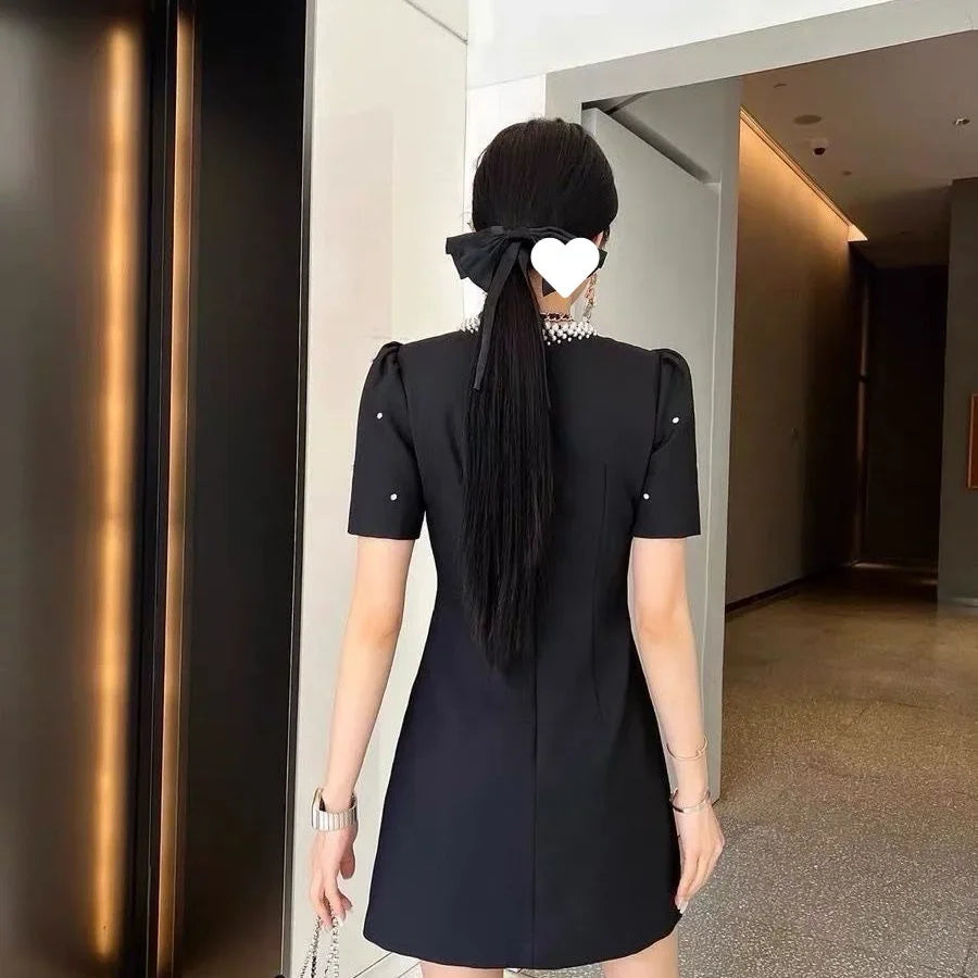 Sweet Elegant round Neck Waist-Cinched Mini Skirt Dress Hepburn Style Beaded New Summer Collection Fashionable Chinese Brand