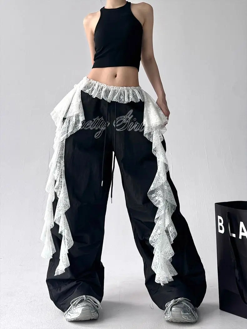 American retro black printed Spice Girls Street Dance Scimitar Pants Women's Loose Design Splicing Summer New Wide Leg Pants