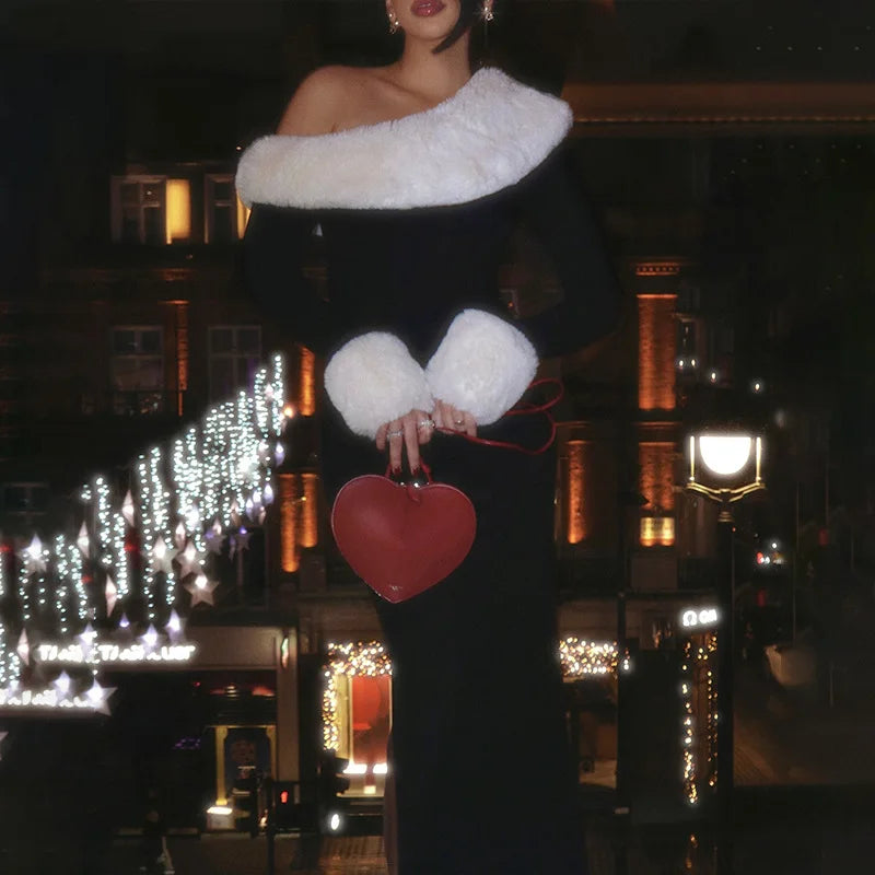 Tossy Fluffy Winter Slim Maxi Dress Female High Waist Long Sleeve Sexy Off-Shoulder Patchwork Bodycon Dress Ladies Party Dress