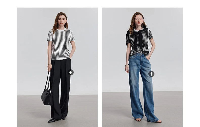 TOYOUTH Women Short Sleeve Striped T shirt 2025 Spring New Tops 8521021