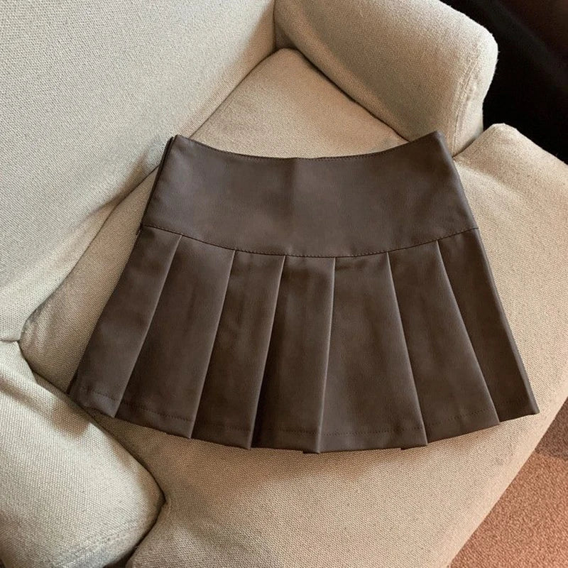 MEXZT S-3XL Y2K Pu Leather Mini Skirts Women Streetwear High Waist Pleated Skirt Vintage Korean Black Slim Casual A Line Skirts
