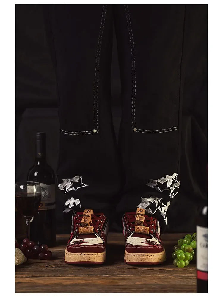Trendy Red Wine Star Shoes 2024 Spring New Men's Casual Shoes Versatile Vintage Couple Shoes Male Genuine Leather Footwear
