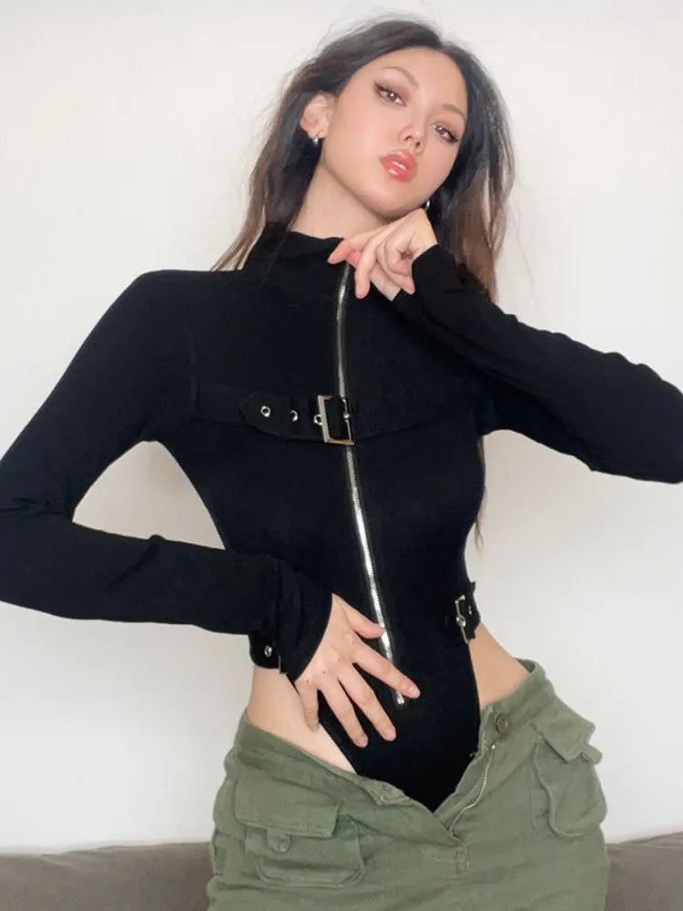 Punk Motorcycle-style Metal Button Zipper Jumpsuit Women Sports Bodycon Streetwear Y2k Retro Long Sleeve Cardigan Tops Bodysuits