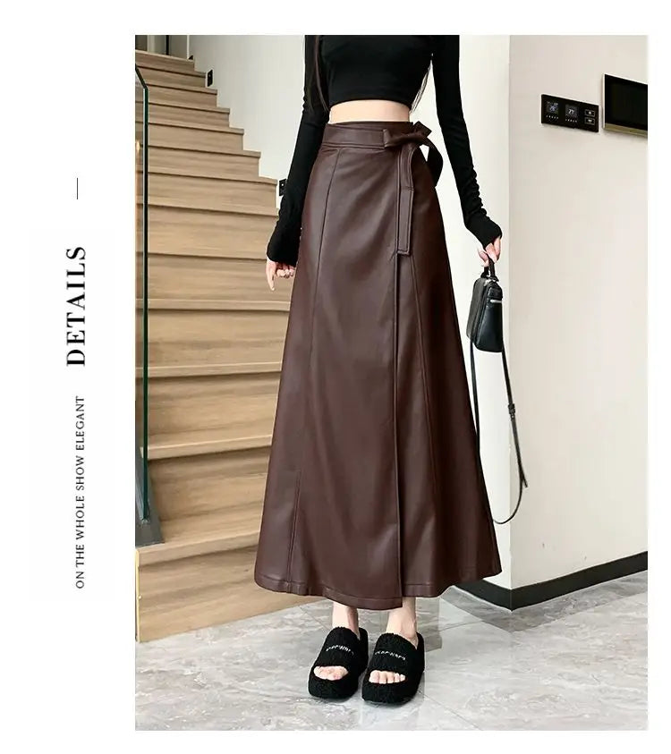 Women Clothing Autumn Winter Vintage Elegant Lace-up PU Leather Long Skirts Female Red High Waist Slim A-line Maxi Skirt Faldas