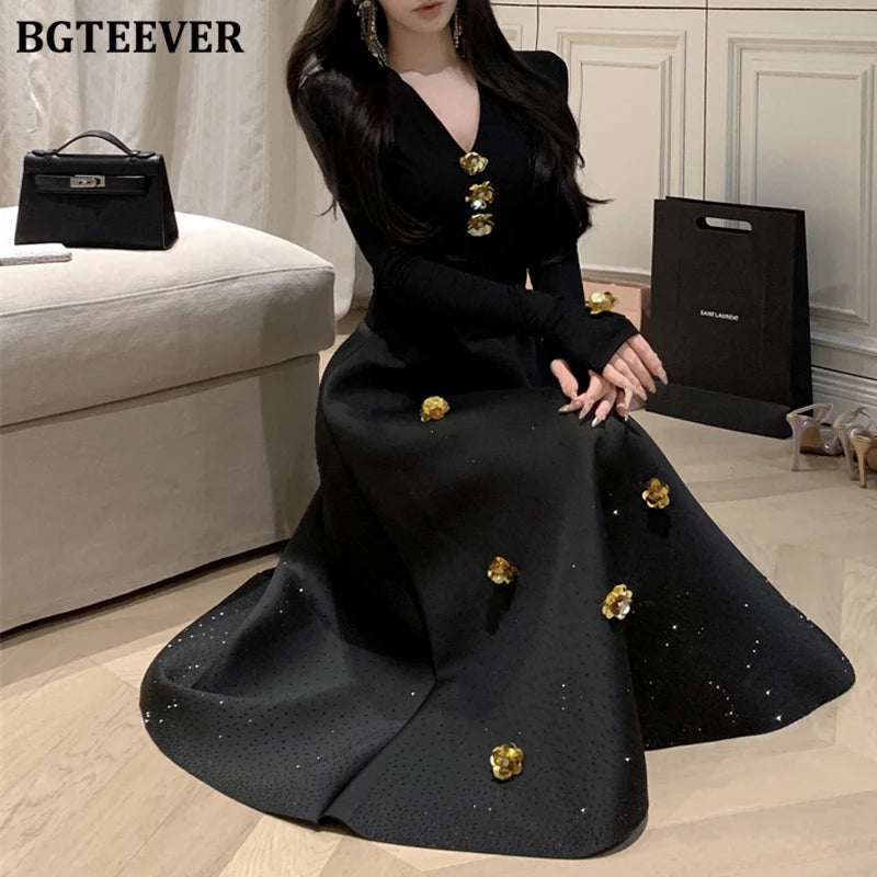 BGTEEVER Spring Elegant Ladies 2 Pieces Skirt Set Long Sleeve V-neck Pullovers & High Waist Loose A-line Skirts Women Outfits