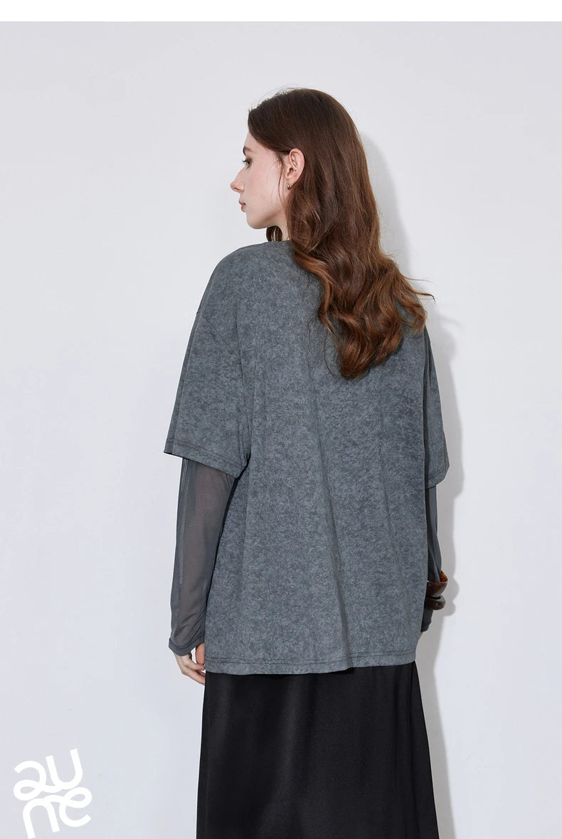 TOYOUTH Women T shirt 2025 Spring New Fake Two Piece Printed Round Neck Fashionable Pullover T shirt