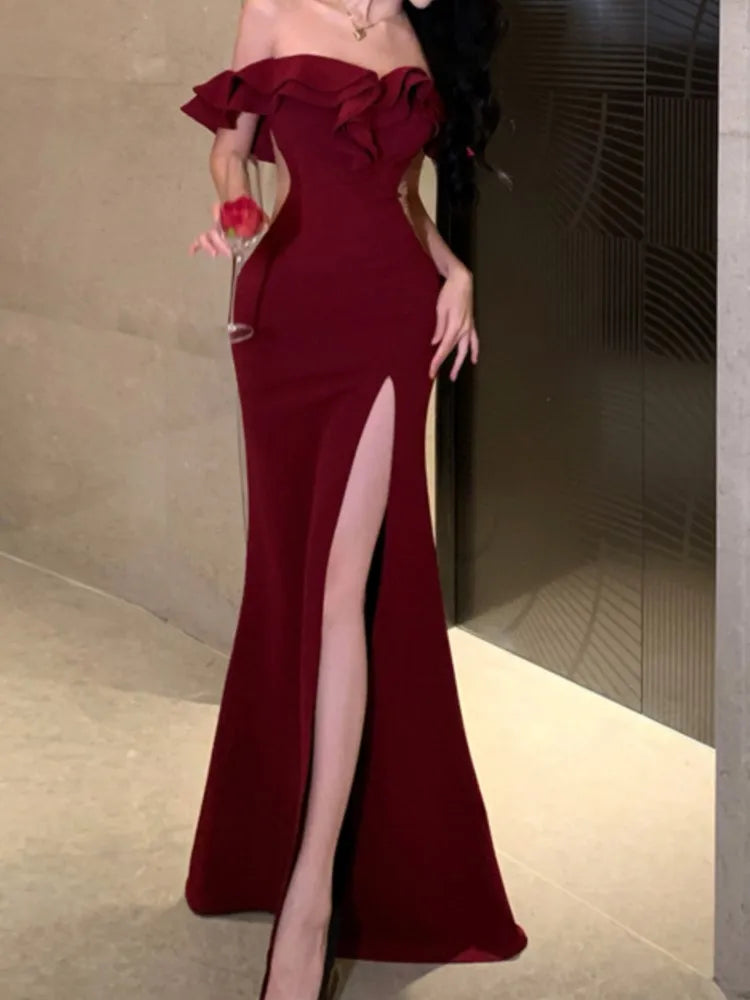 Women Sexy Bodycon Off Shoulder High Split Long Dresses Wedding Evening Party Prom Robe Ruffles Slash Neck Summer New Vestidos