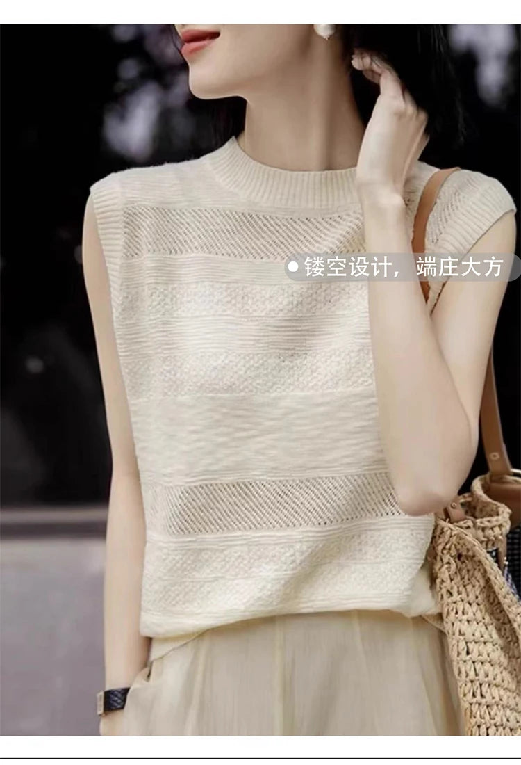 Women's Fashion Sleeveless Tees ONeckPullover Summer Worsted Wool Top Hollow Out T-Shirts Simple Elegant And Smooth Cool Comfort