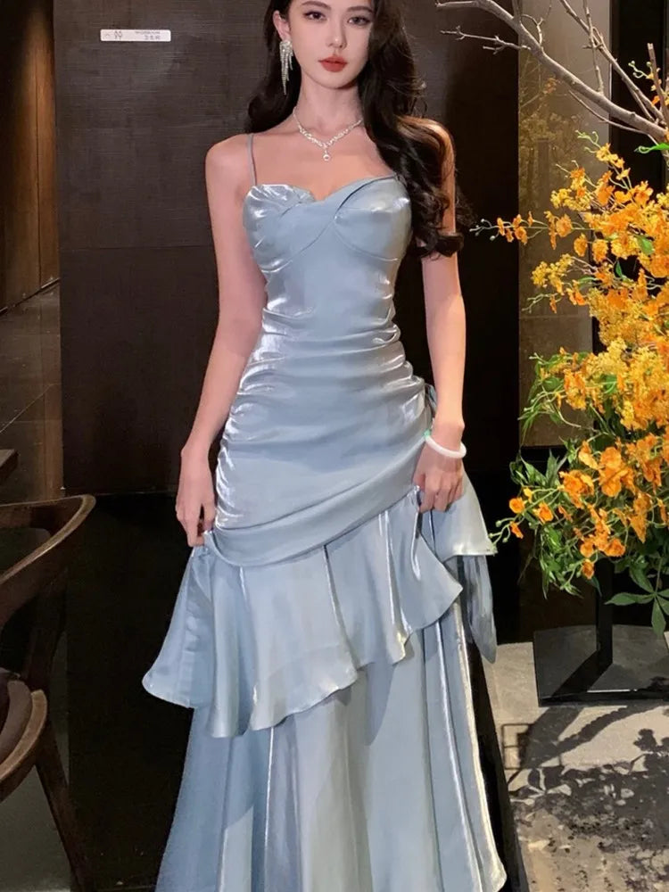Elegant Romantic Party Women's Spaghetti Strap Dress Female Blue Ruffles Slim Fit Mermaid Dresses Chic Banquet Formal Gown