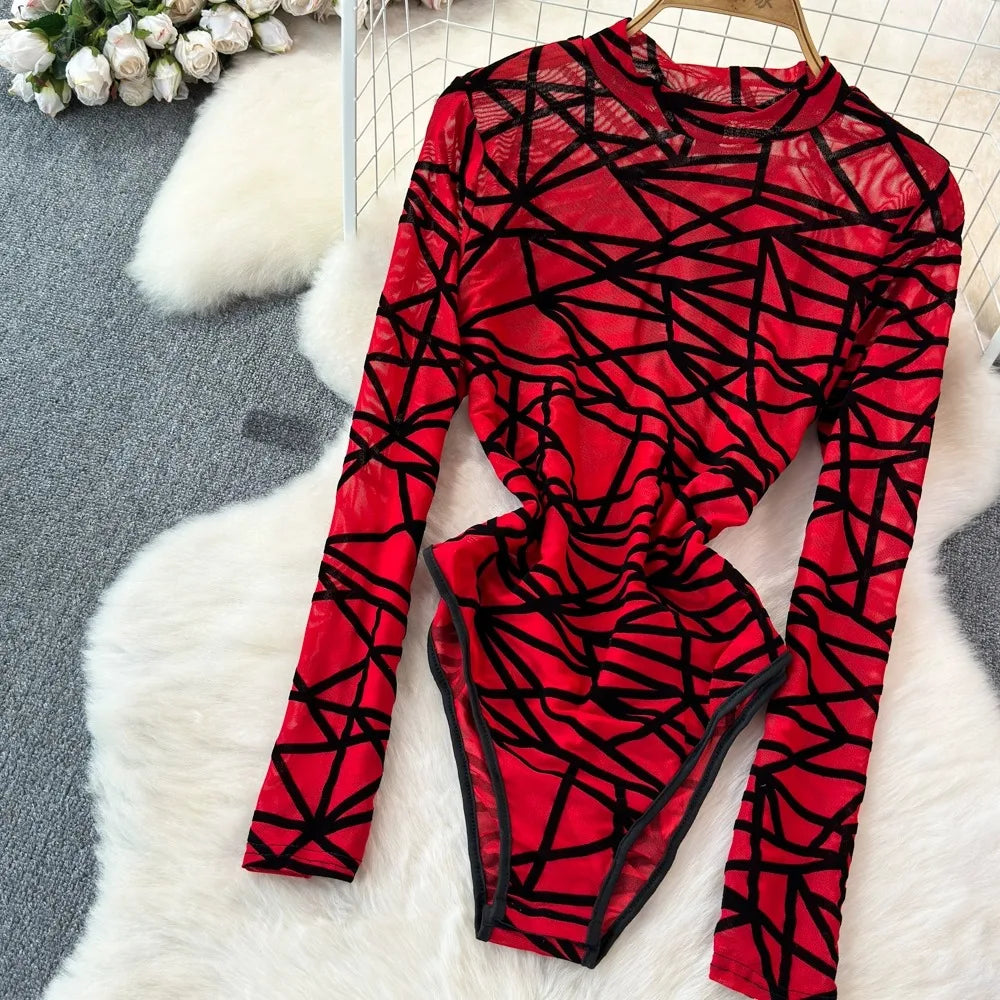 Foamlina Sexy Hollow Out Mesh Bodysuits for Women Fashion Striped Print Stand Collar Long Sleeve Slim Fit Club Party Jumpsuits