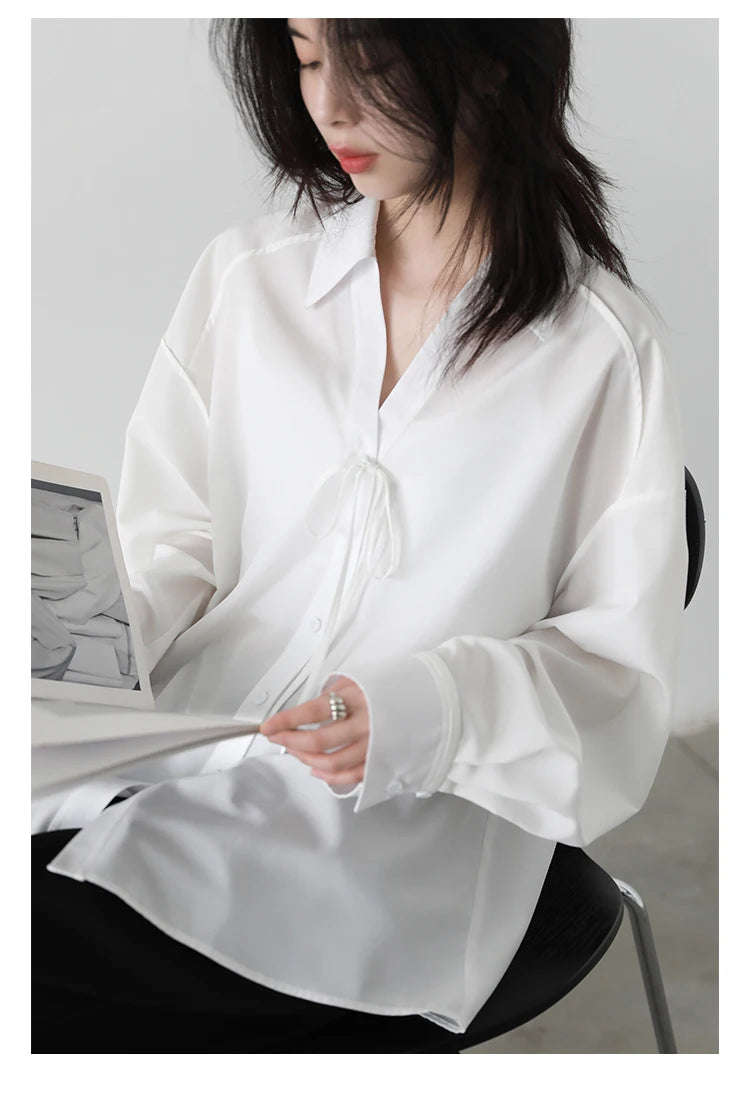 CHIC VEN Women Shirt Loose Casual Solid New Lapel Tie Design Sun Protection Blouses Long Sleeved Female Coat Summer 2025