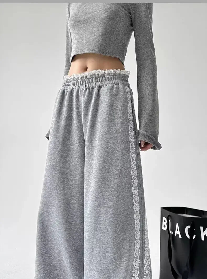 Trendy Casual Wide Leg Pants Women's Autumn Winter High Waist Splicing Lace Trim Drapey Slimming Sporty Trousers