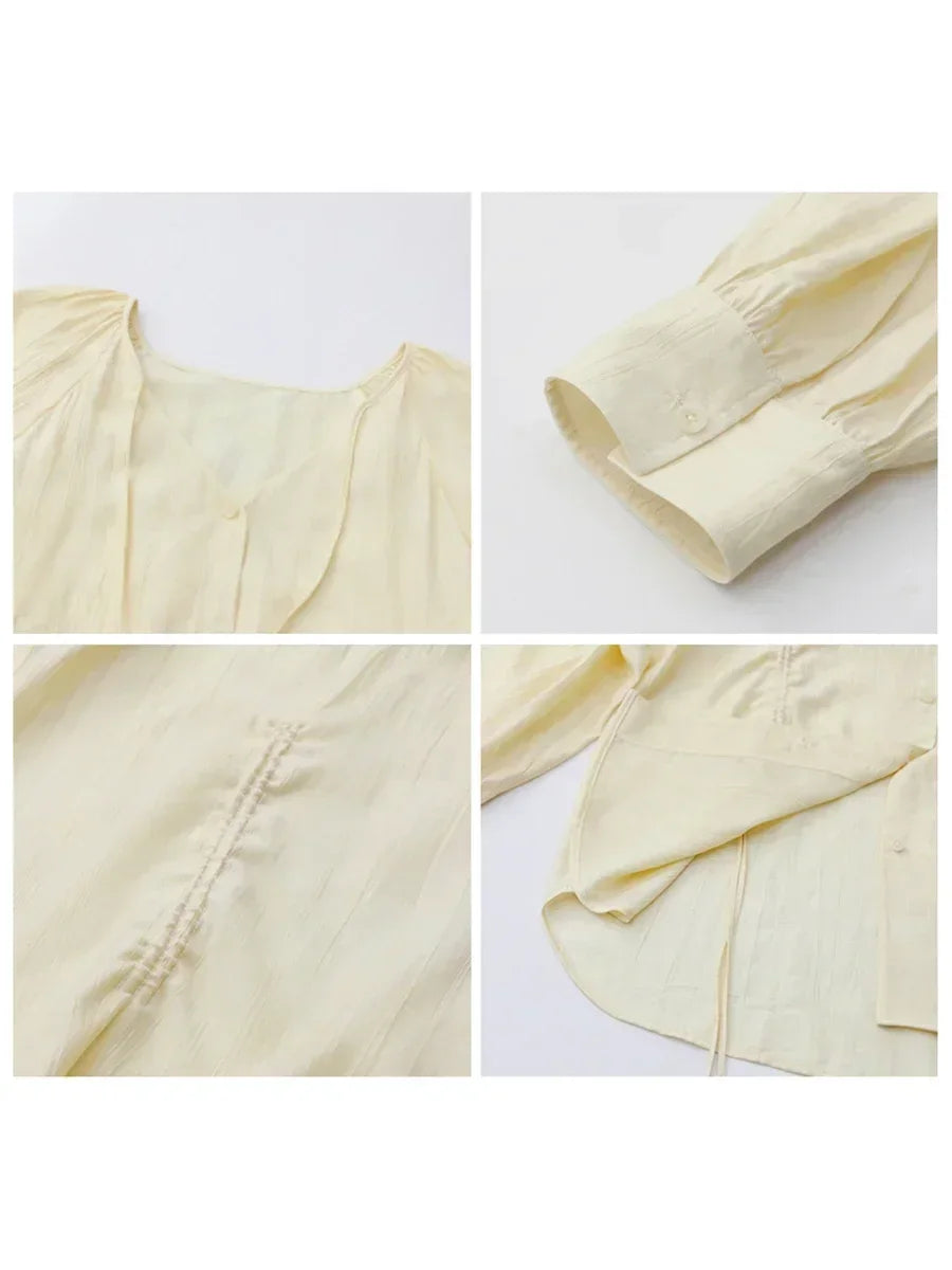 CHIC VEN Women Loose Lace Up Shirt Solid New Korean V-neck Pleated Raglan Long Sleeved Blouses Female Tops Spring Summer 2025