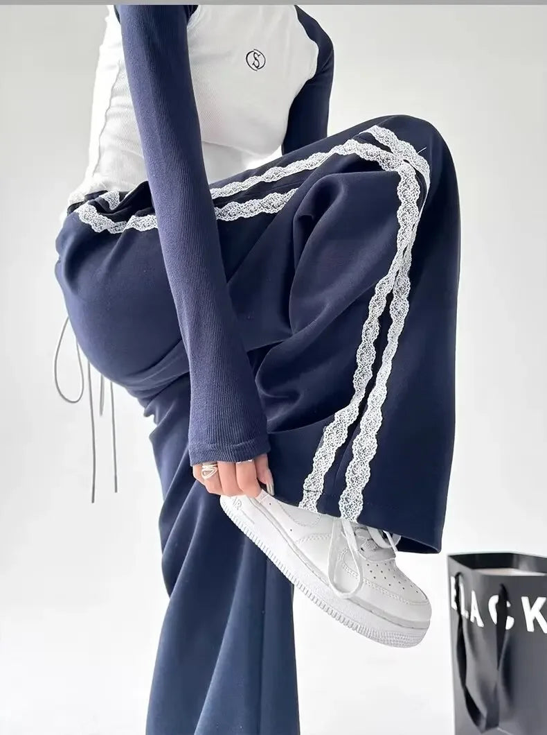 Trendy Casual Wide Leg Pants Women's Autumn Winter High Waist Splicing Lace Trim Drapey Slimming Sporty Trousers