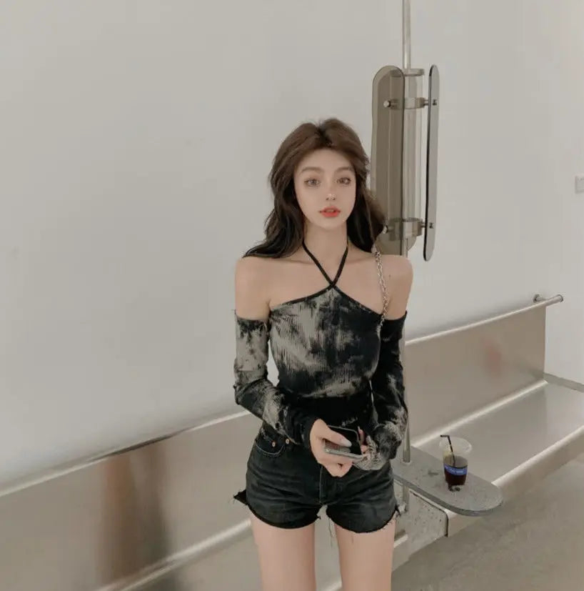 Tie-dye Long-sleeved T-shirt Women Slimming One-word Neck Off Shoulder Halter Short Top Summer Y2K Goth Backless Sexy Crop Tops