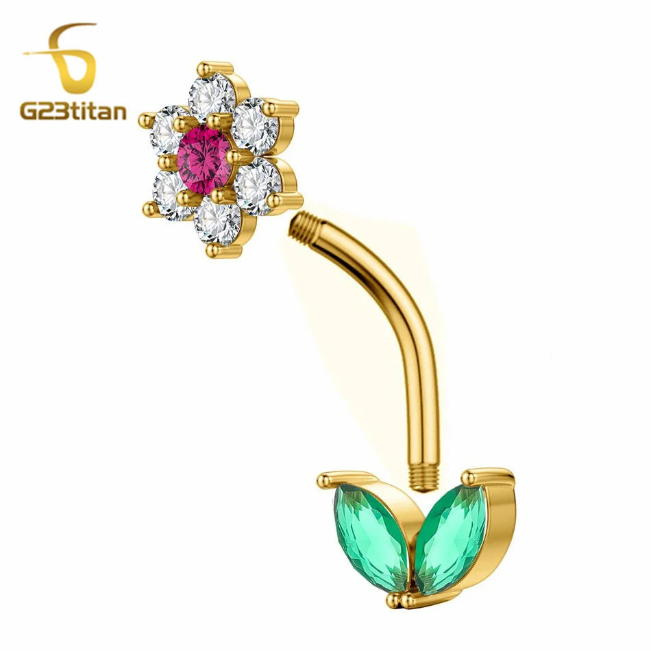 G23titan 14G Zircon Flower Barbell Belly Button Ring Women Body Sexy Navel Piercing Anti Allergic Jewelry Accessories Ombligo