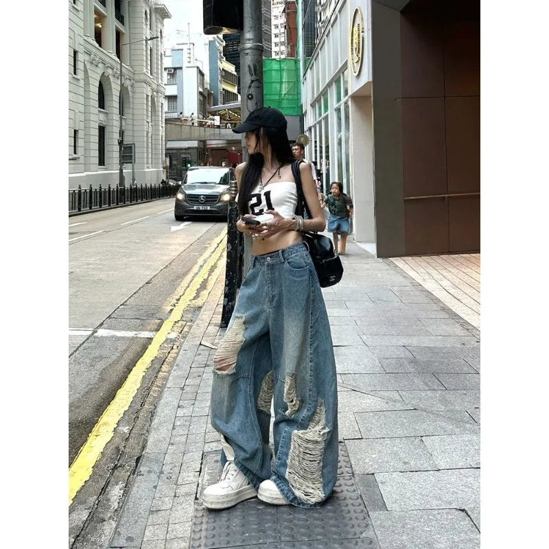 American Style Distressed Washed Jeans Women Summer Y2k Streetwear High Waist Hip Hop Wide Leg Pants 2025 New Casual Loose Jeans