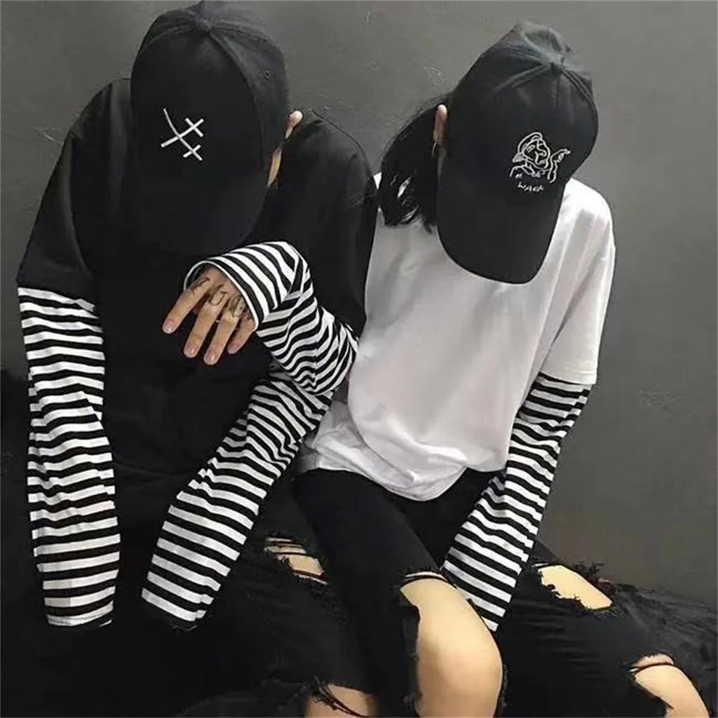 Long Sleeve Fake Two-piece T Shirt Striped Big Shirts Men Clothing Men Fashion Oversized Tees Clothes Tshirt Harajuku Tops Femme