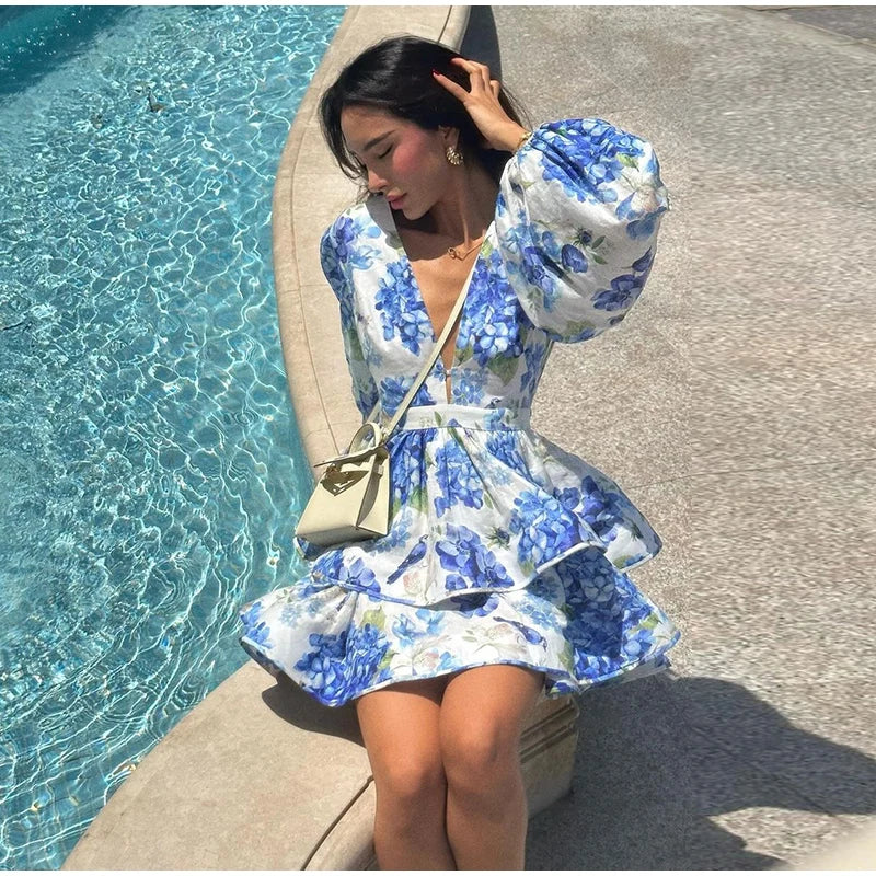 Printed Ruffled Hem Deep V-neck Puffy Dress Long Lantern Sleeve Elegant Vacation Party Short Dresses Colorful 2025 Spring Robe