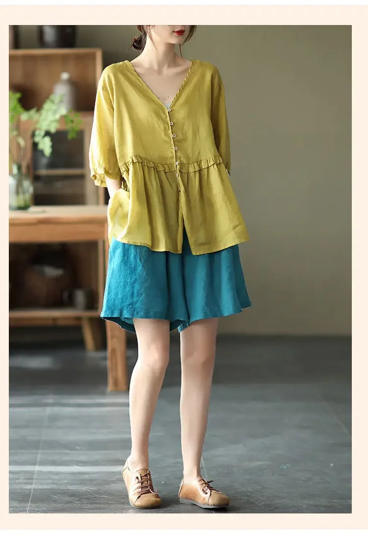 Vintageartistic High-waisted Slimming Cotton Linen Shorts For Women Casual Loose-fit Bell Bottoms 2024 New Style