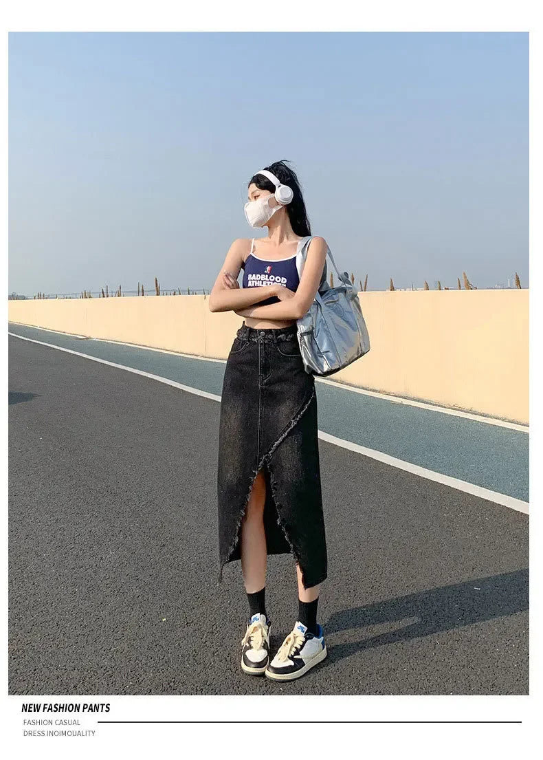 Fashionable Denim Skirt For Women High-waisted A- line Hip Covering Long Dress Casual Style Perfect For Summer 2024