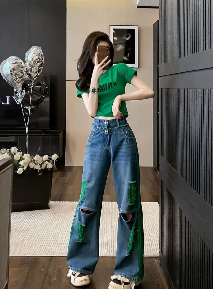 Wide Leg Denim Pants for Women Straight High Waist Shot Trousers Loosefit Fitted 2025 Quality Korean Fashion Woman Ripped Jeans