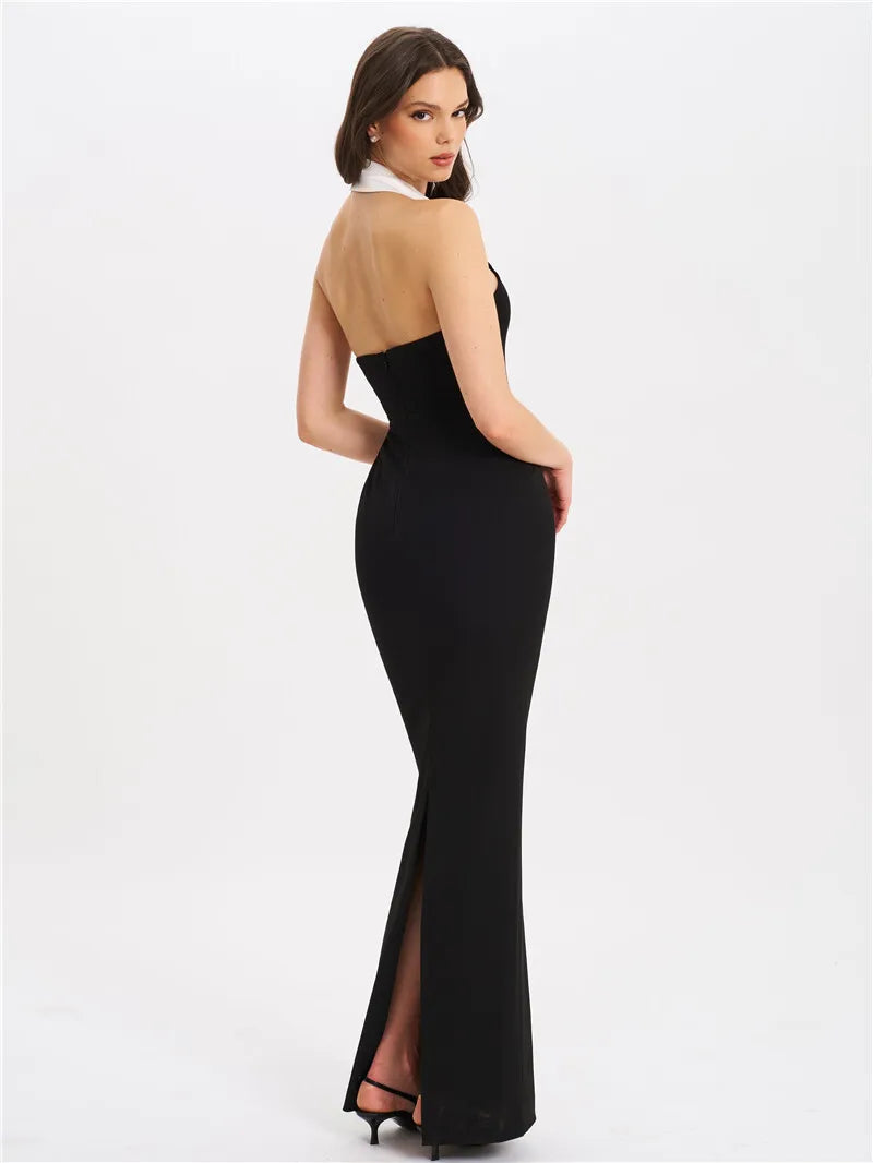Mozision Halter Backless Sexy Maxi Dress For Women Gown Contrast Color Notched Collar Sleeveless Bodycon Club Party Tank Dress