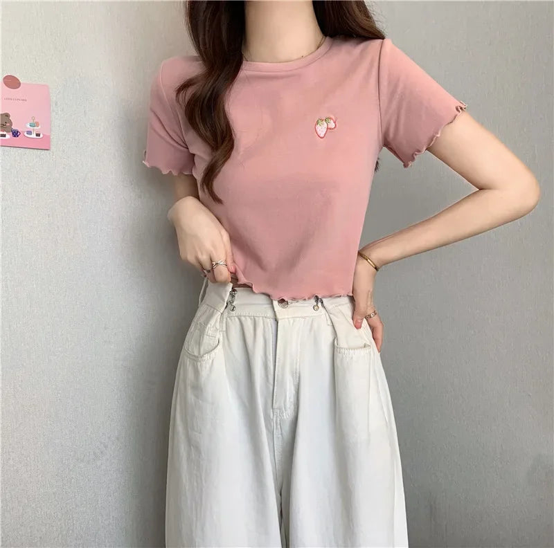 Summer Embroidered Short T-shirt Women Wooden Edge Irregular Slim Short Sleeve Top Plant Pattern Fiber Fabric Elegant Style